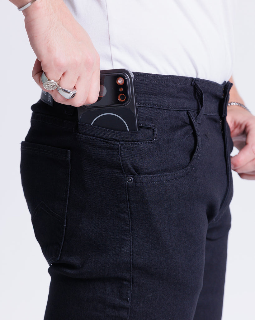 Calça Jeans PRS Preta Lisa Skinny Com Bolso Celular