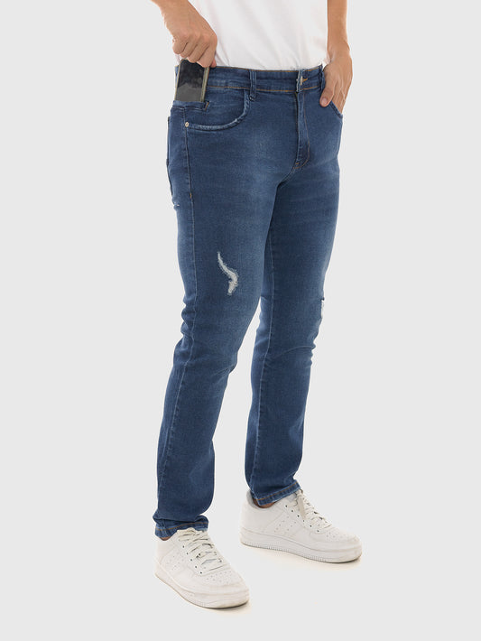 Calça Jeans PRS Skinny Azul Puídos Com Bolso Celular