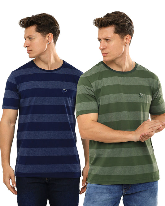 Kit com camisetas masculinas listradas, nas cores azul e verde