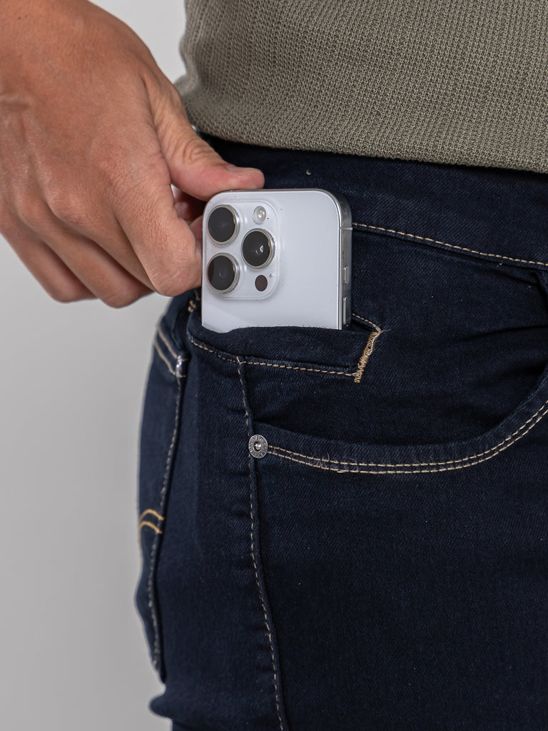 Calça Jeans PRS Skinny Escura Com Bolso Celular
