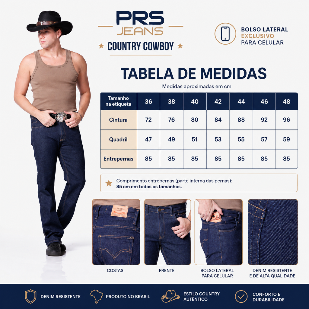 Calça Jeans Cowboy Masculina Country com Bolso Celular Preta Stonada