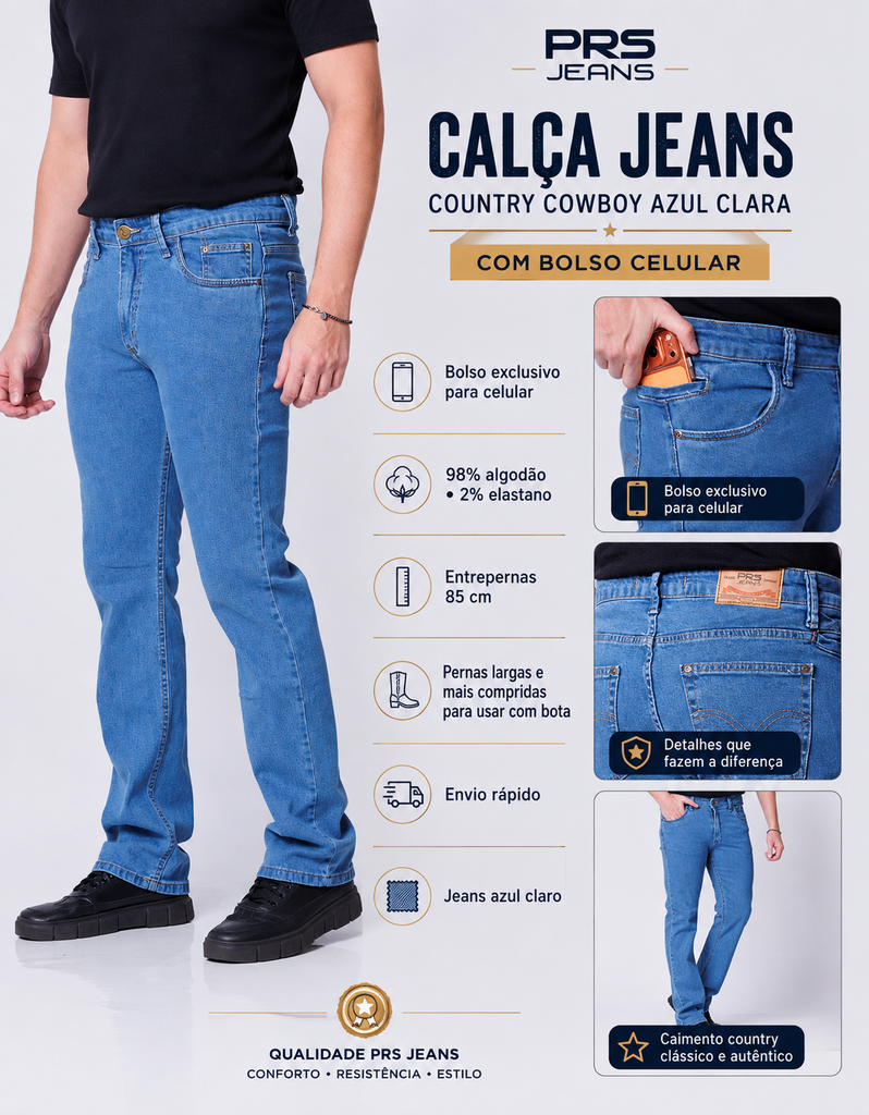 Calça Jeans Cowboy Masculina Country com Bolso Celular Azul Clara