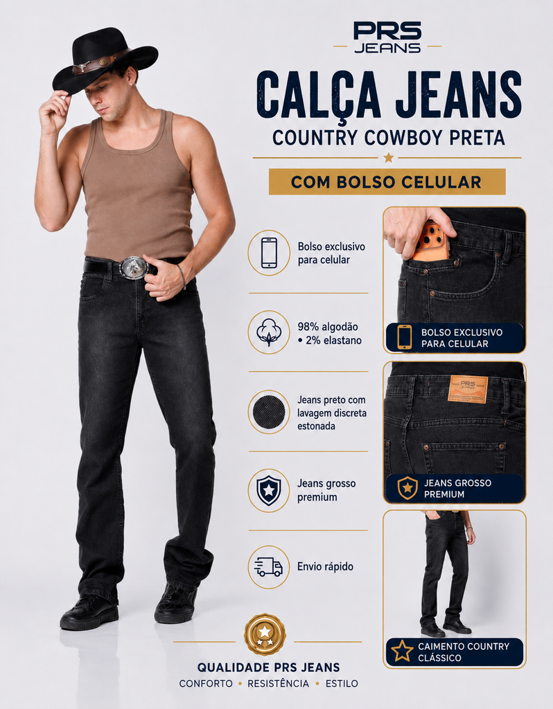 Calça Jeans Cowboy Masculina Country com Bolso Celular Preta Stonada