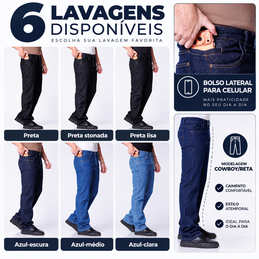 Calça Jeans Reta Com Bolso Celular Várias Cores