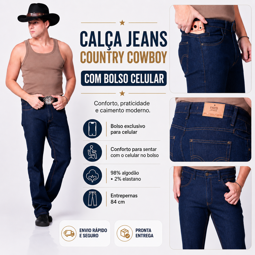 Calça Jeans Cowboy Masculina Country com Bolso Celular Azul
