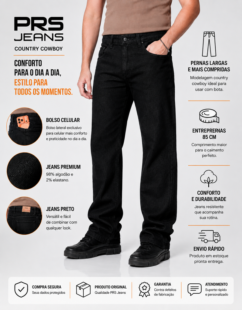 Calça Jeans Cowboy Masculina Country com Bolso Celular Preta