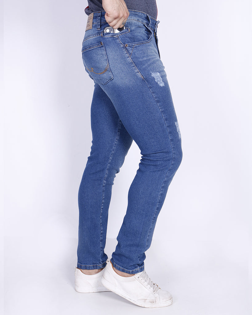 Calça Jeans PRS Skinny com Puídos Com Bolso Celular