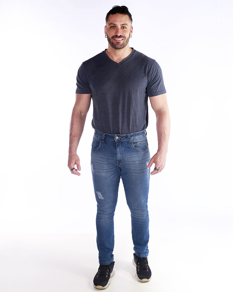 Calça Jeans PRS Skinny com Puídos Com Bolso Celular