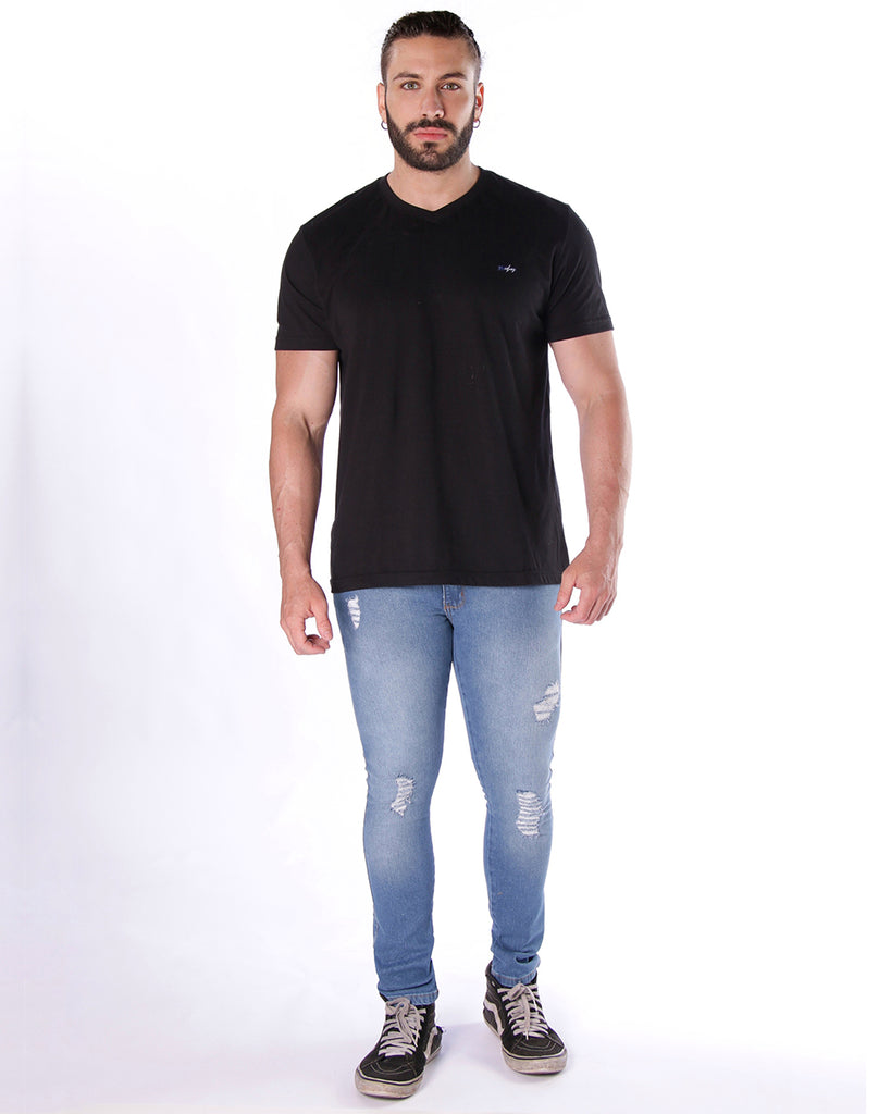 Calça Jeans PRS Super Skinny Detalhes Puídos Com Bolso Celular