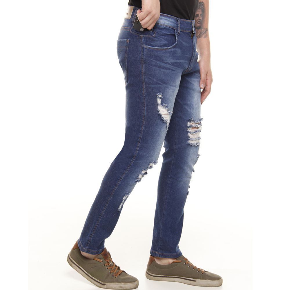 Calça Jeans PRS Super Skinny Destroyed Com Bolso Celular