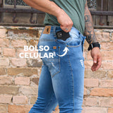 Calça Jeans PRS Super Skinny Detalhes Puídos Com Bolso Celular